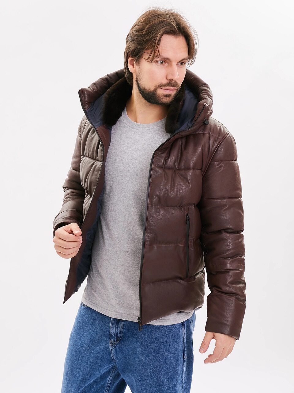 Кожаный пуффер Cross Jacket Hooded (maroon) премиум класса с 20% скидкой