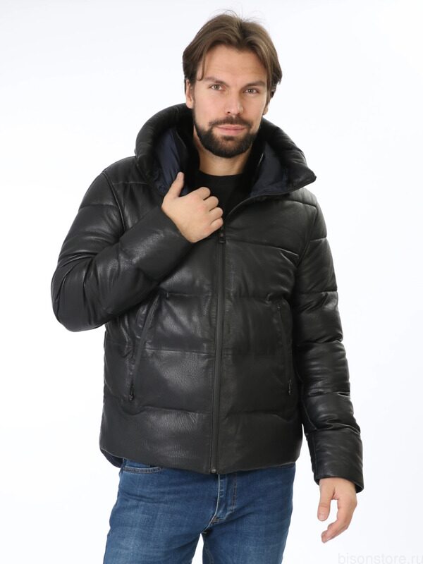 Пуффер с капюшоном из тонкой кожи ягнёнка Cross Jacket Hooded (Black)